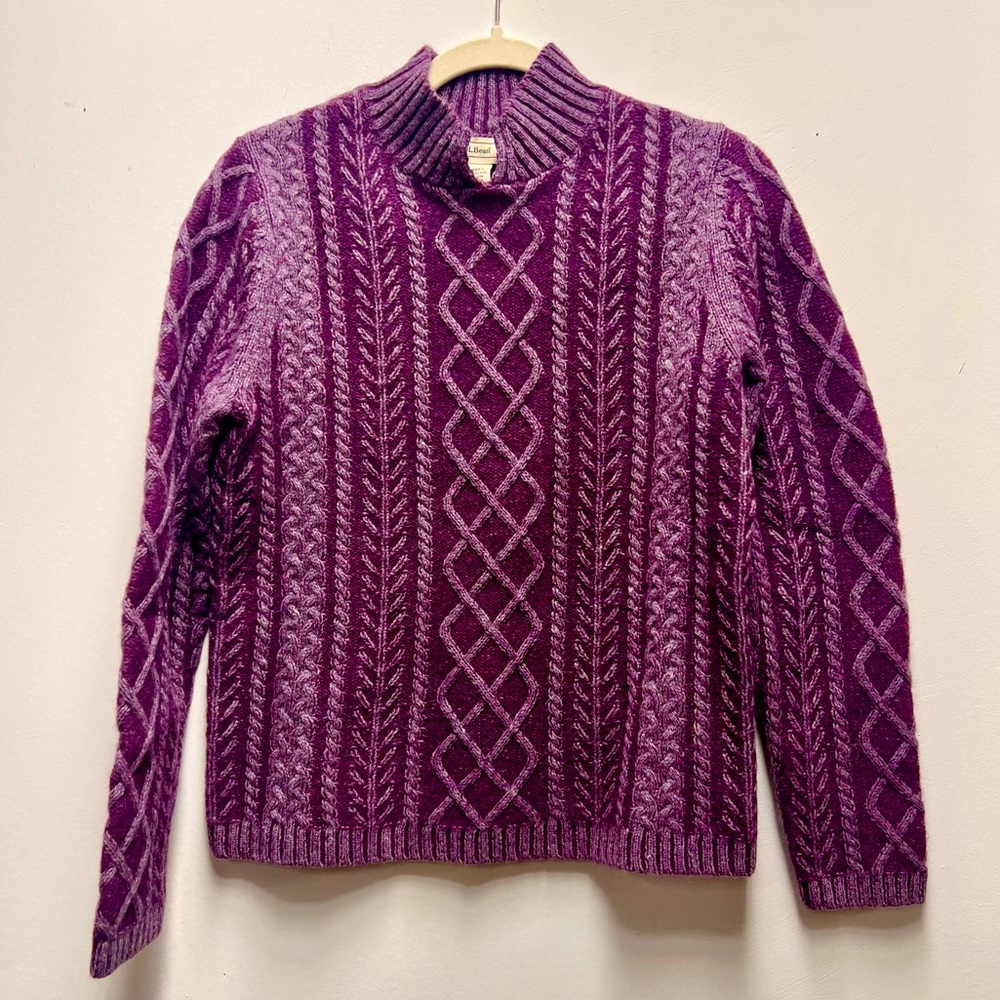 LL Bean Women's Purple Merino Wool and Angora Knit Sweater New cable knit